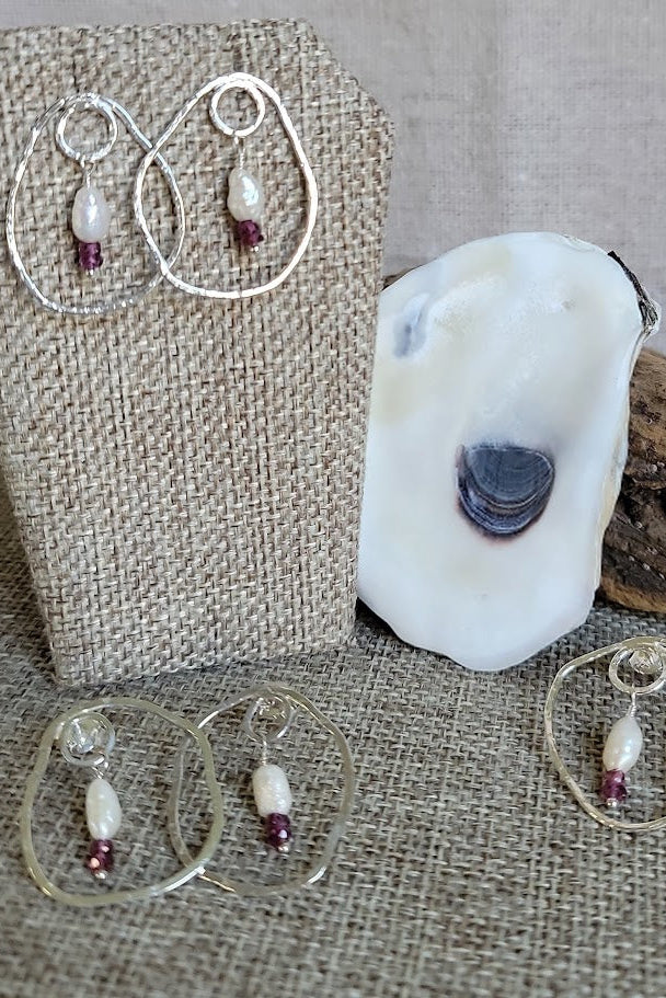 Hand Forged Sterling Silver Pearl and Tunduru Sapphire Stud Earrings