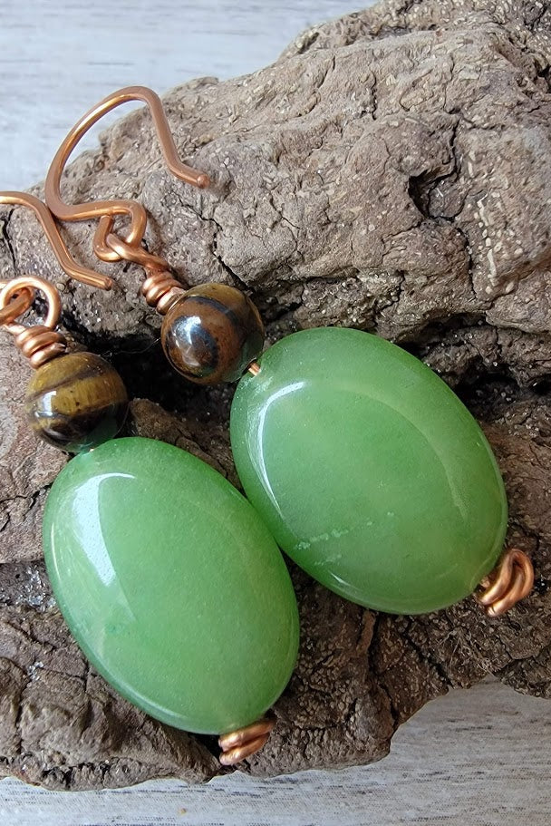 Kelp & Copper – Green Quartz & Tiger’s Eye Earrings