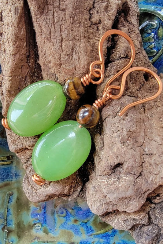 Kelp & Copper – Green Quartz & Tiger’s Eye Earrings