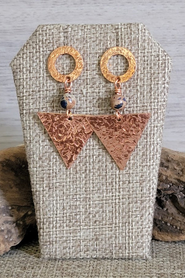 Copper Geometric Drop Earrings with Imperial Jasper – Sterling Silver Posts (New)