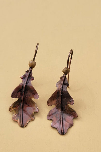 Hand-Forged Copper Oak Leaf & Ruby Kyanite Earrings