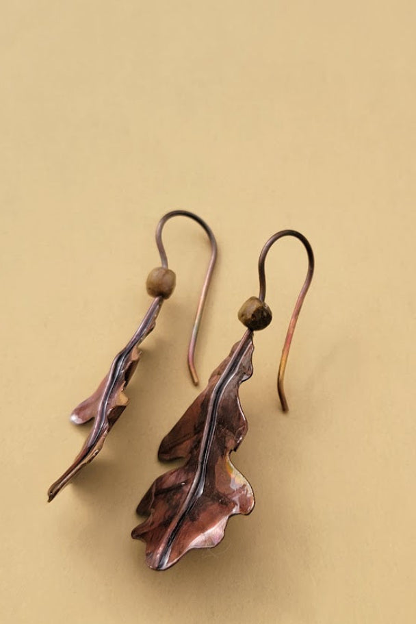 Hand-Forged Copper Oak Leaf & Ruby Kyanite Earrings