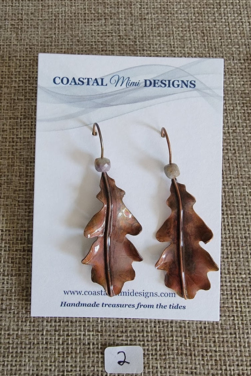 Hand-Forged Copper Oak Leaf & Ruby Kyanite Earrings