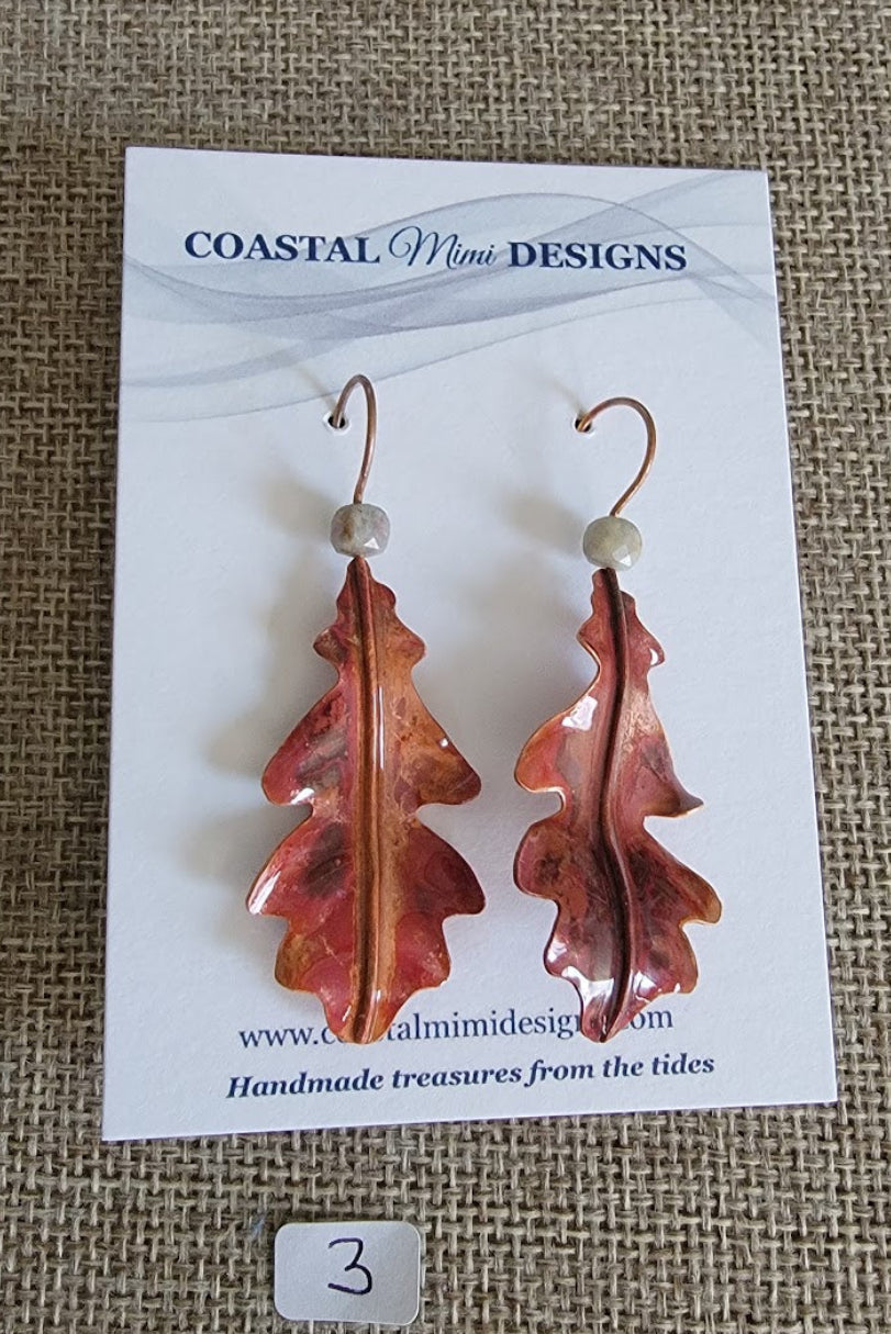 Hand-Forged Copper Oak Leaf & Ruby Kyanite Earrings