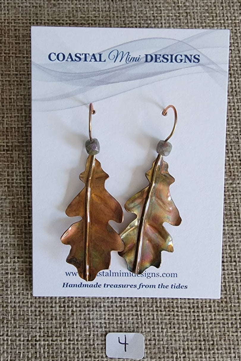 Hand-Forged Copper Oak Leaf & Ruby Kyanite Earrings